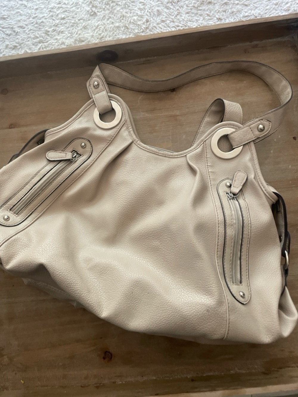 Neutral Cream vegan Leather Hobo Bag with Exterior Zip Details